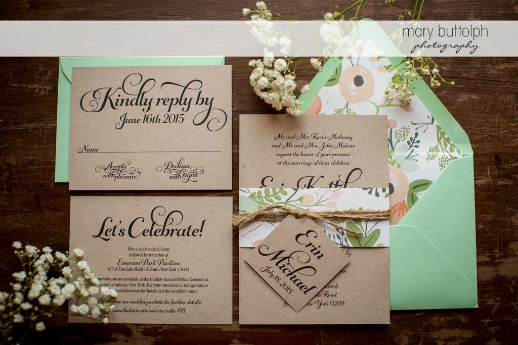 Couple's unique wedding invitations at Emerson Park Pavilion Wedding