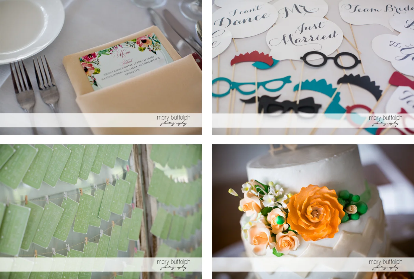 The menu and couple's wedding cake add color to the wedding venue at Emerson Park Pavilion Wedding