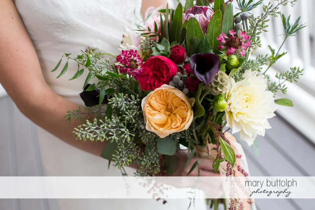 Close up shot of bride's beautiful bouquet at the Inns of Aurora Wedding