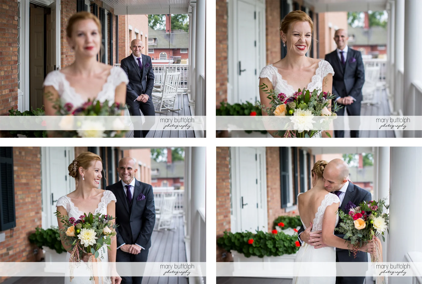 Four different shots of the couple on the porch at the Inns of Aurora Wedding