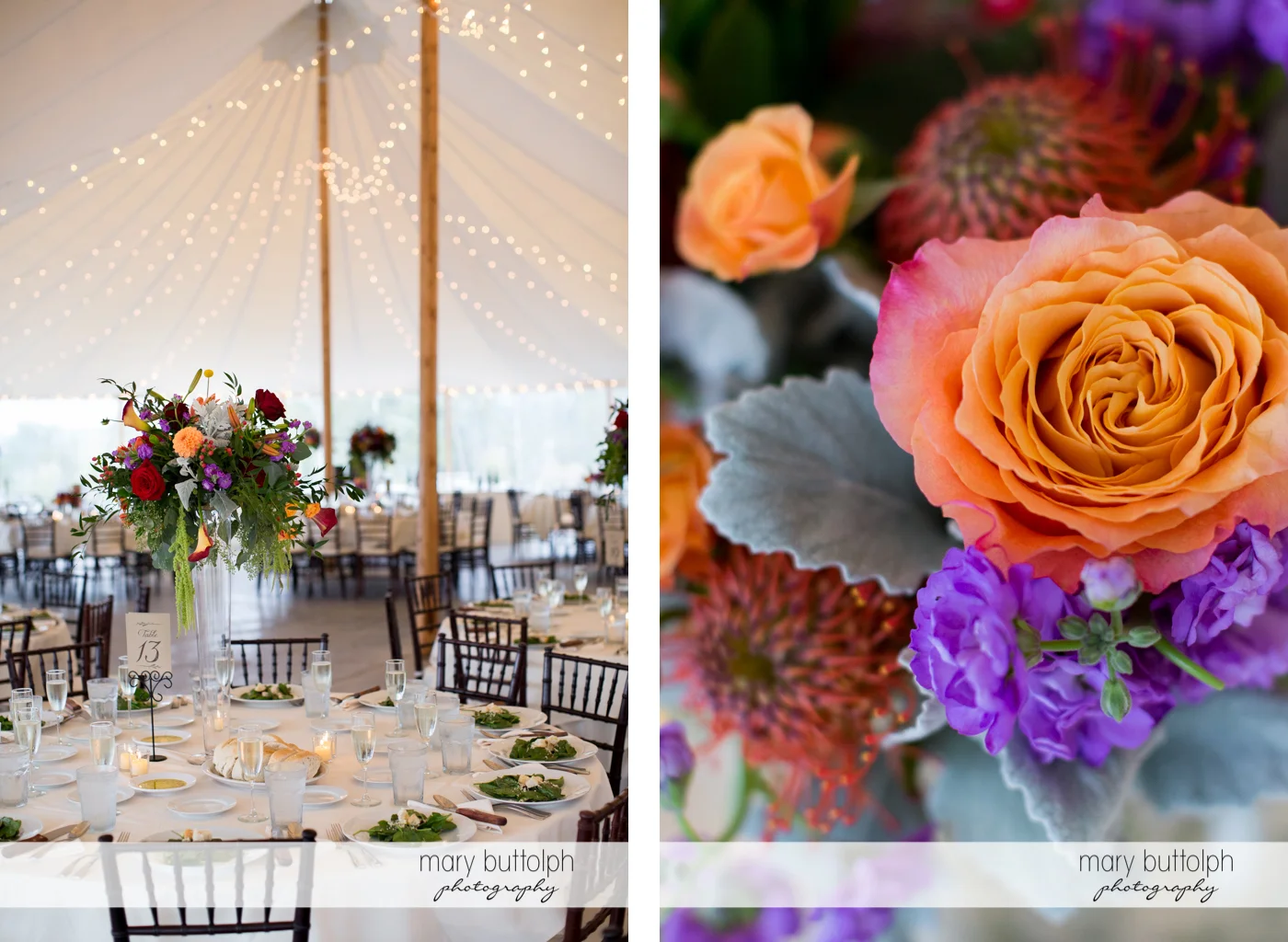 Colorful flowers adorn the tables at the wedding reception at Anyela's Vineyards Wedding
