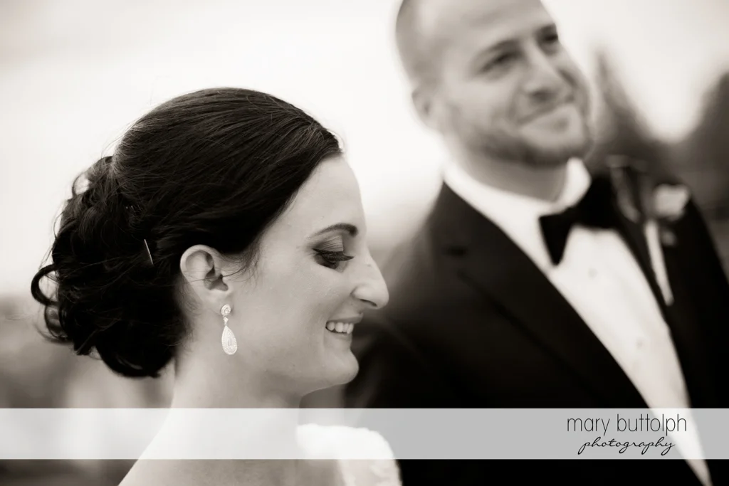 Happy couple in a black and white shot at Anyela's Vineyards Wedding