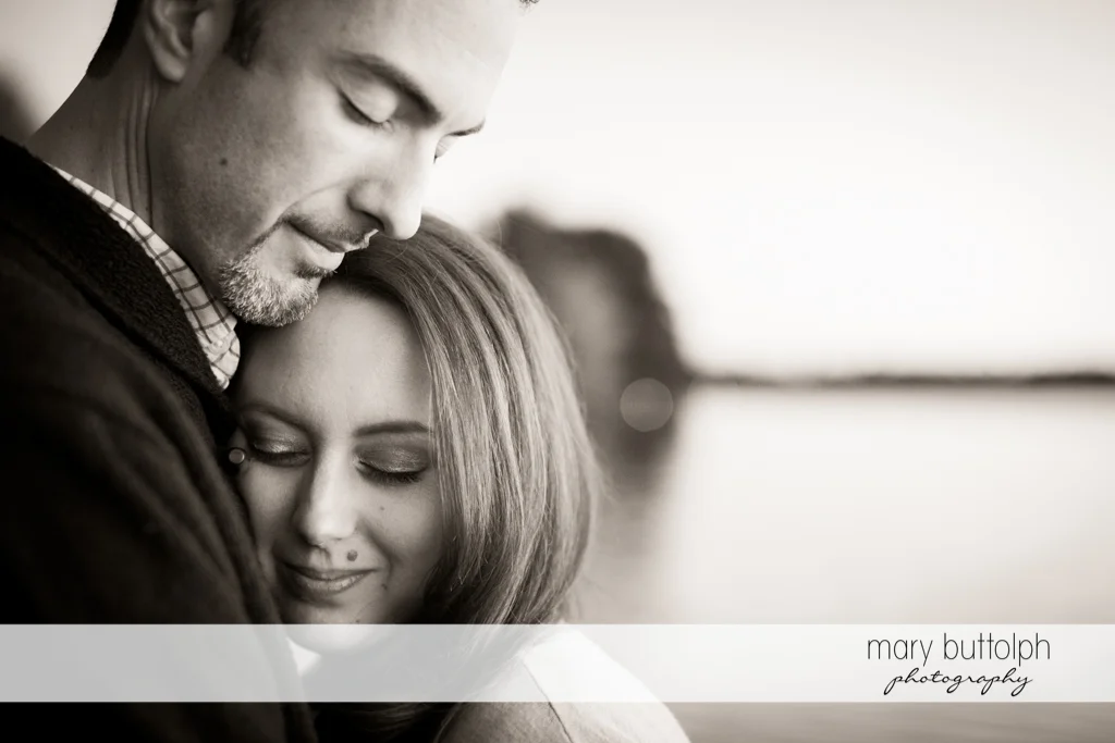 Couple in romantic black and white photo at Cazenovia Engagement