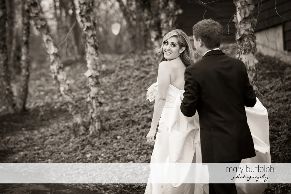 Couple spend time in the woods at the Lodge at Welch Allyn Wedding