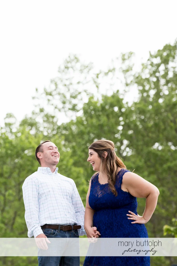 Couple share a joke at Emerson Park Engagement