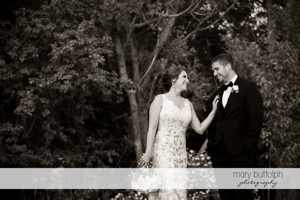 Couple in beautiful black and white shot in the woods at The Lodge at Welch Allyn Wedding