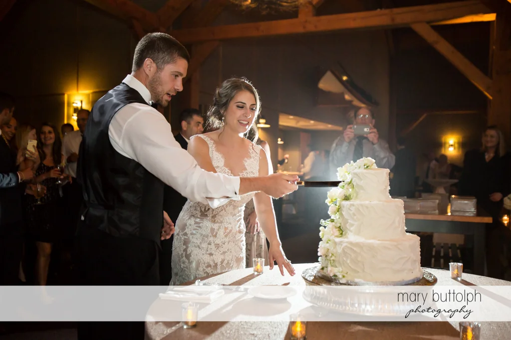 Couple cut the wedding cake at The Lodge at Welch Allyn Wedding