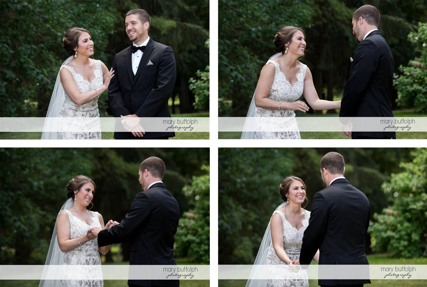 Couple share a light moment in the garden at The Lodge at Welch Allyn Wedding