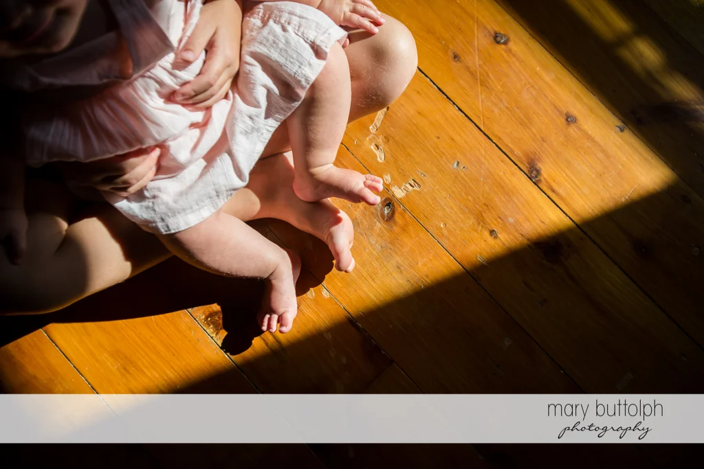 Overhead shot of baby sister sitting on her brother's lap at Skaneateles