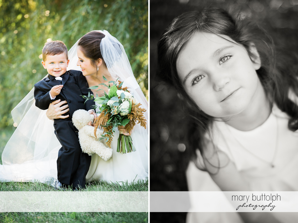 Bride pictured with her nephew and niece in the garden at Syracuse Wedding