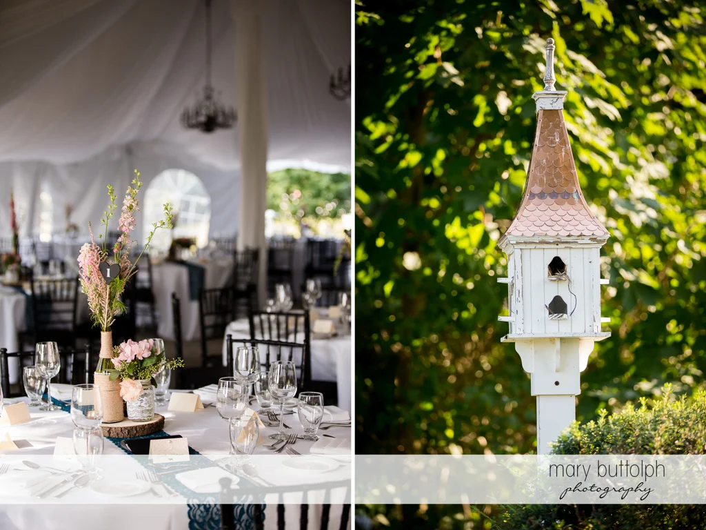 Flowers adorn the tables at the wedding venue while an empty birdhouse stands in the garden at John Joseph Inn and Elizabeth Restaurant Wedding