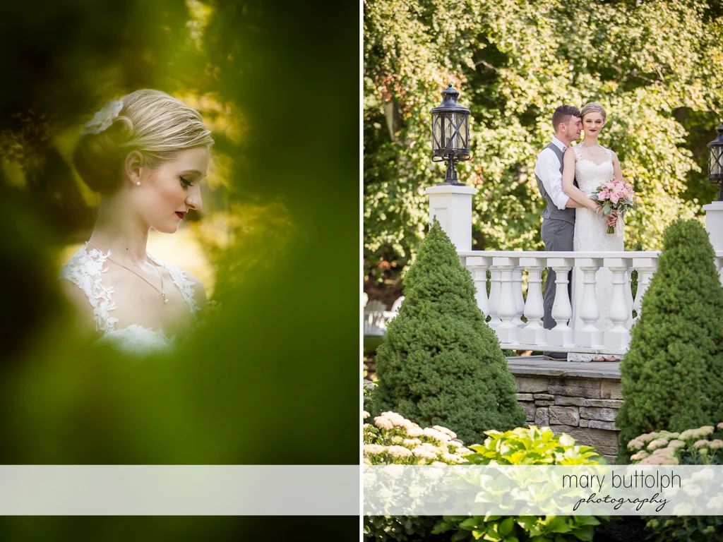 Bride in solo shot and with the groom in the garden at John Joseph Inn and Elizabeth Restaurant Wedding
