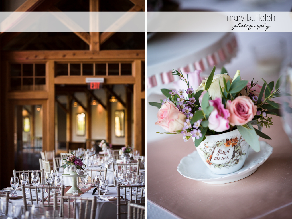 Flowers adorn the tables at the wedding venue at The Lodge at Welch Allyn Wedding
