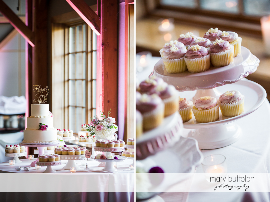 Wedding cake towers above the cupcakes at The Lodge at Welch Allyn Wedding