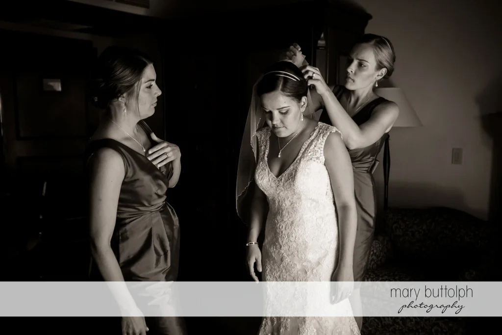 Woman fixes the bride's wedding veil at The Lodge at Welch Allyn Wedding