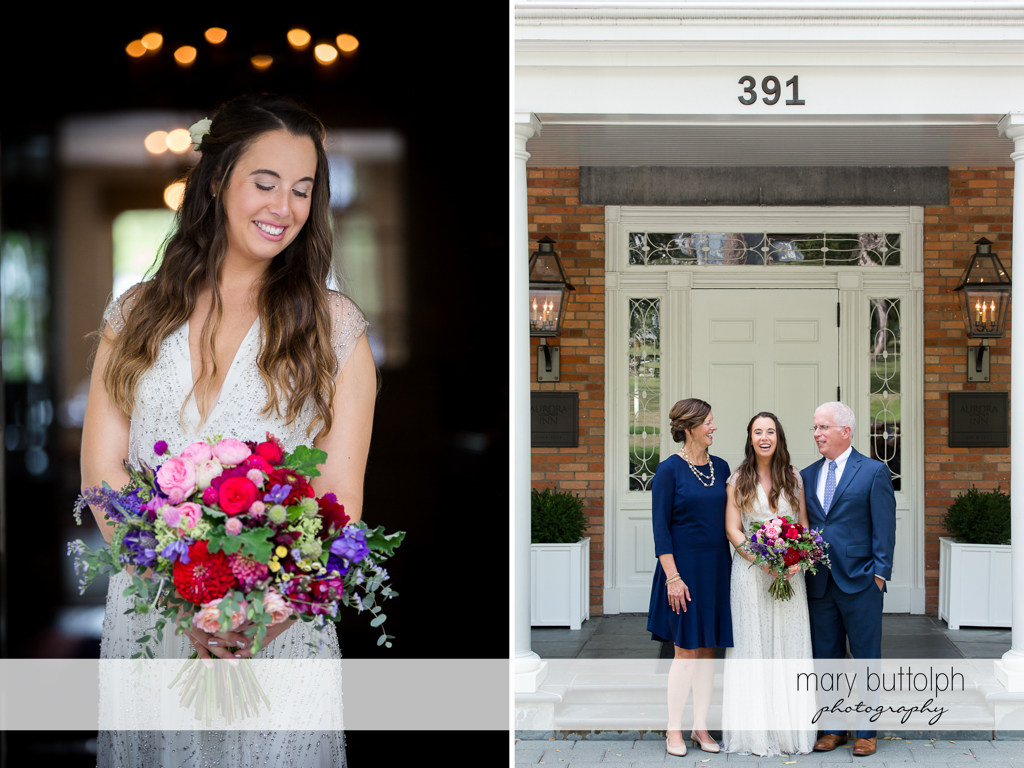 Bride holds flowers and poses with her parents at Aurora Inn Wedding