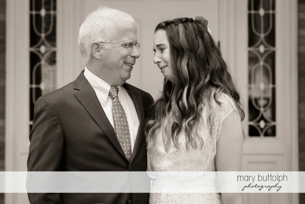 Bride feels like crying while talking to her dad at Aurora Inn Wedding