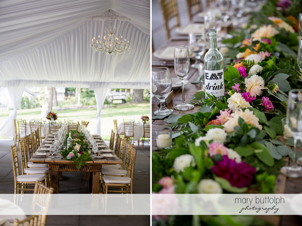 The wedding reception with flowers at the table at Aurora Inn Wedding