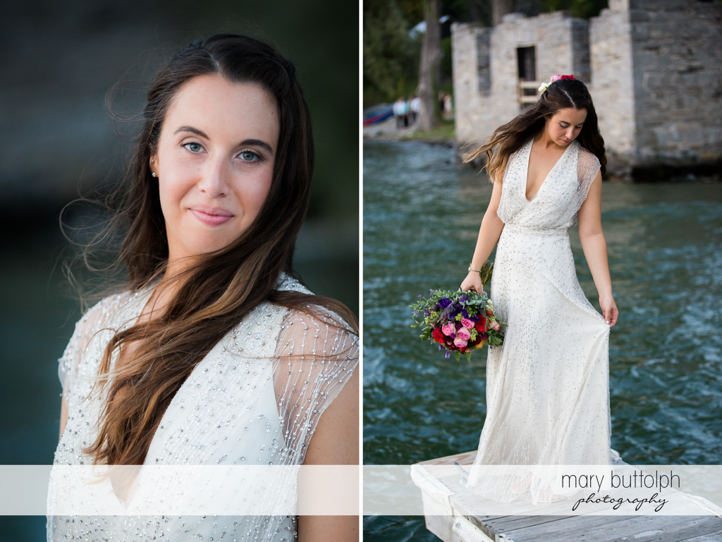 Bride in solo shot with flowers at Aurora Inn Wedding