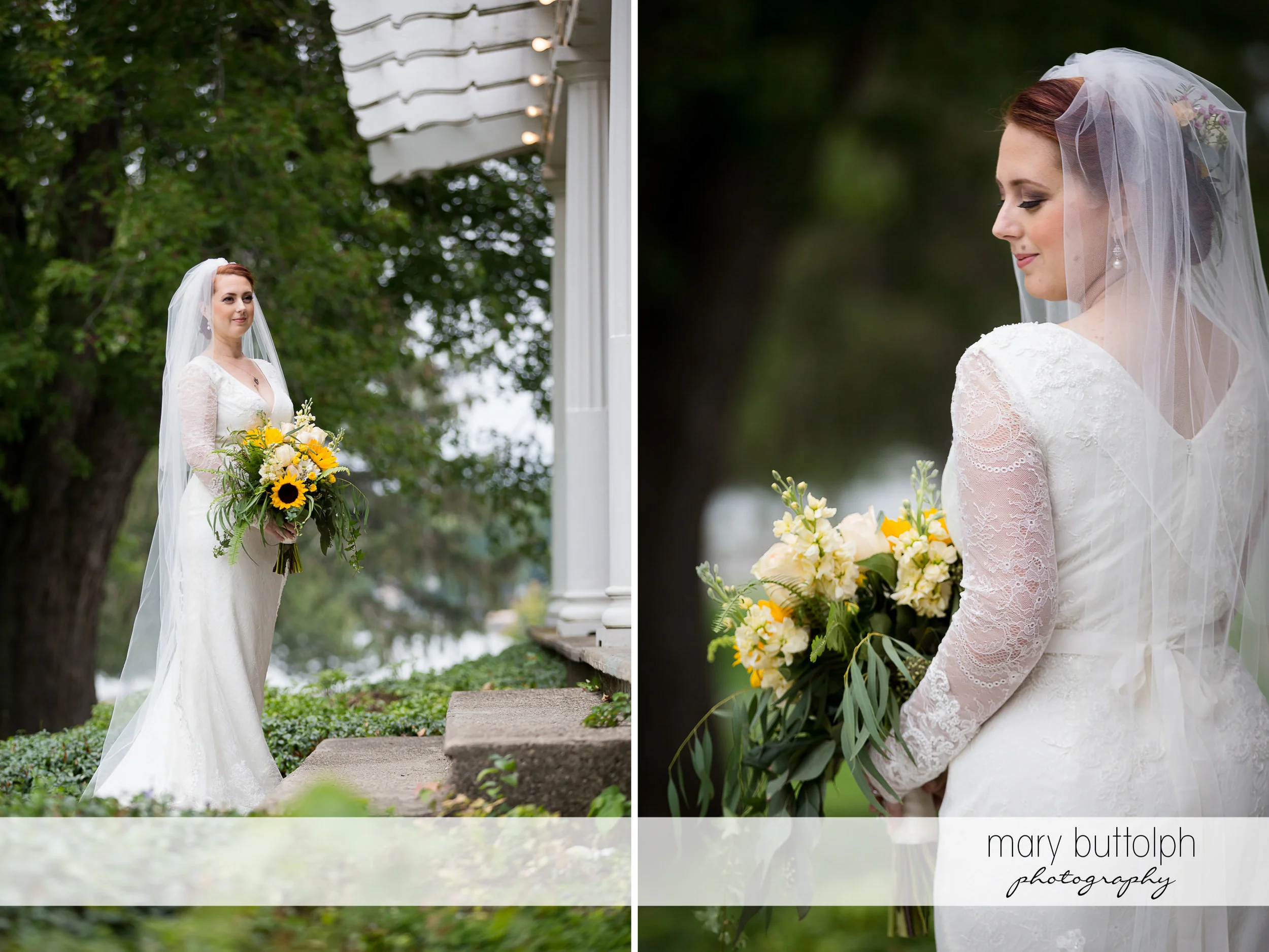 Bride holding sunflowers in the garden at Emerson Park Pavilion Wedding
