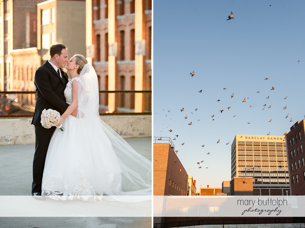 Couple share a tender moment as pigeons fly above them at SKY Armory Wedding