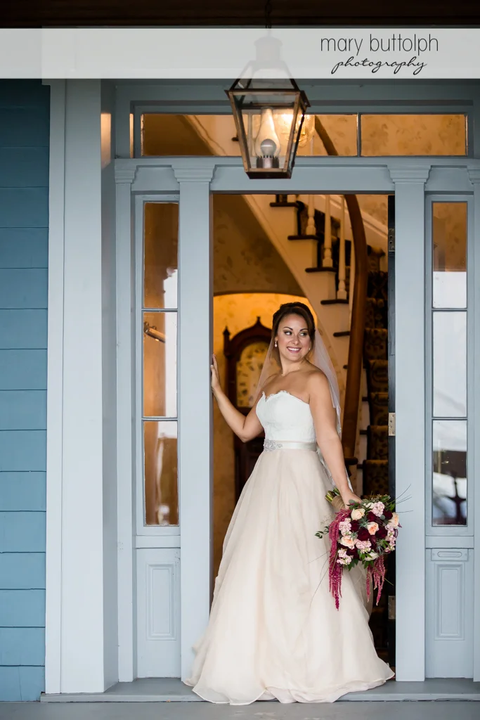 Bride at doorway during Sherwood Inn wedding