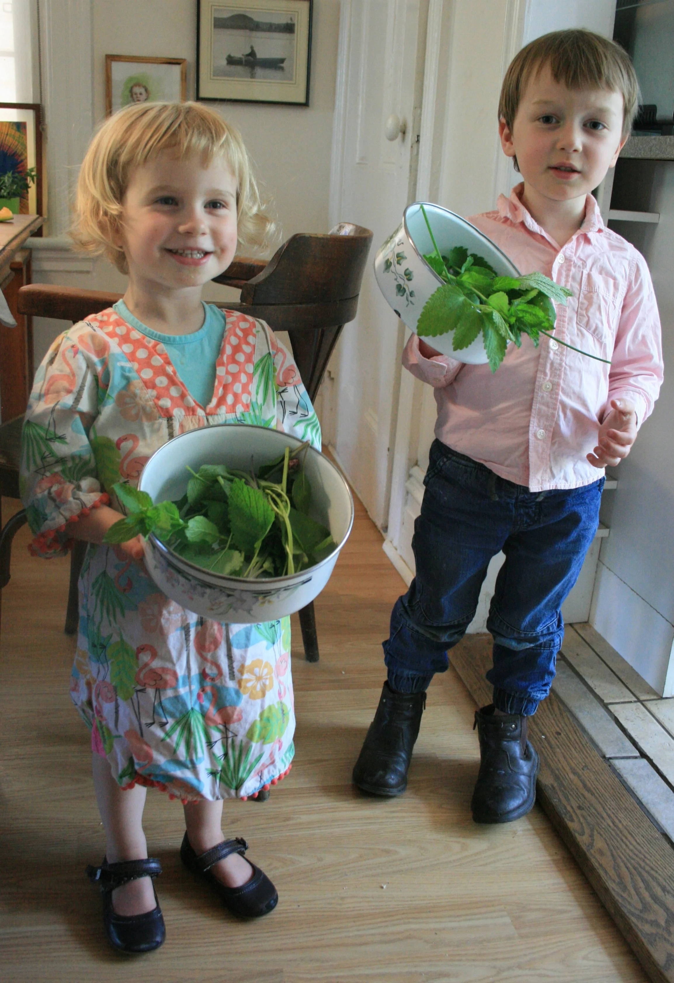 Last weekend, mint, lemon verbena, sage and sage flowers, and chive flowers all went in the bouquets. They chose their favourite party clothes for the afternoon too, of course.