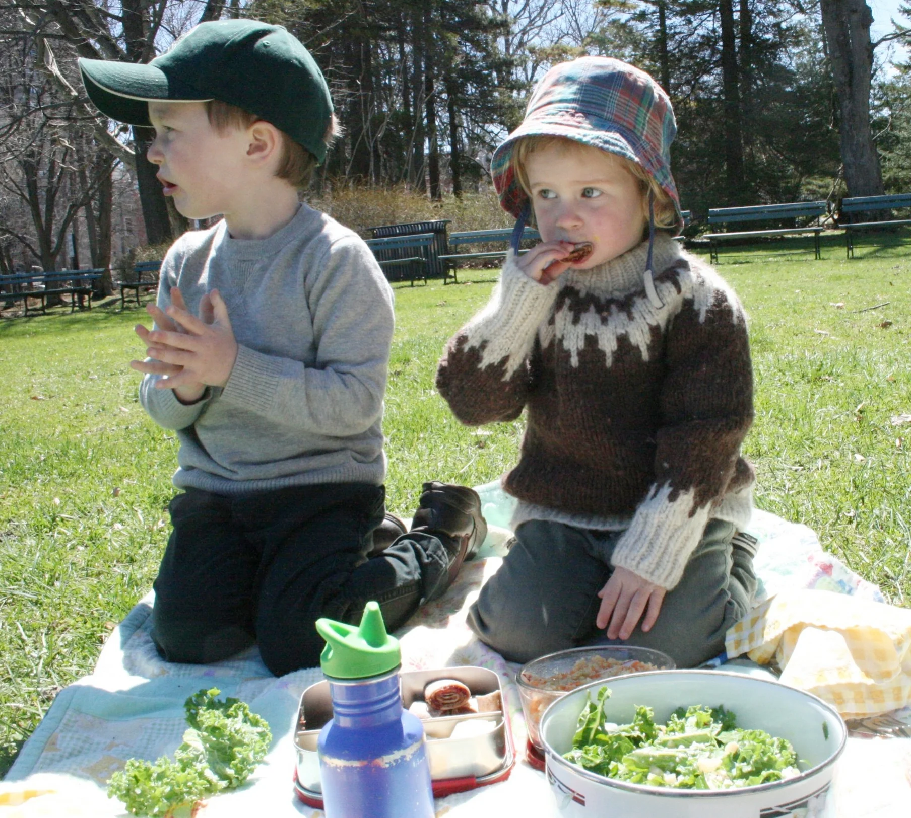 Kale salad and wraps in Halifax Public Gardens, late May. In Nova Scotia, we even picnic in wool sweaters.