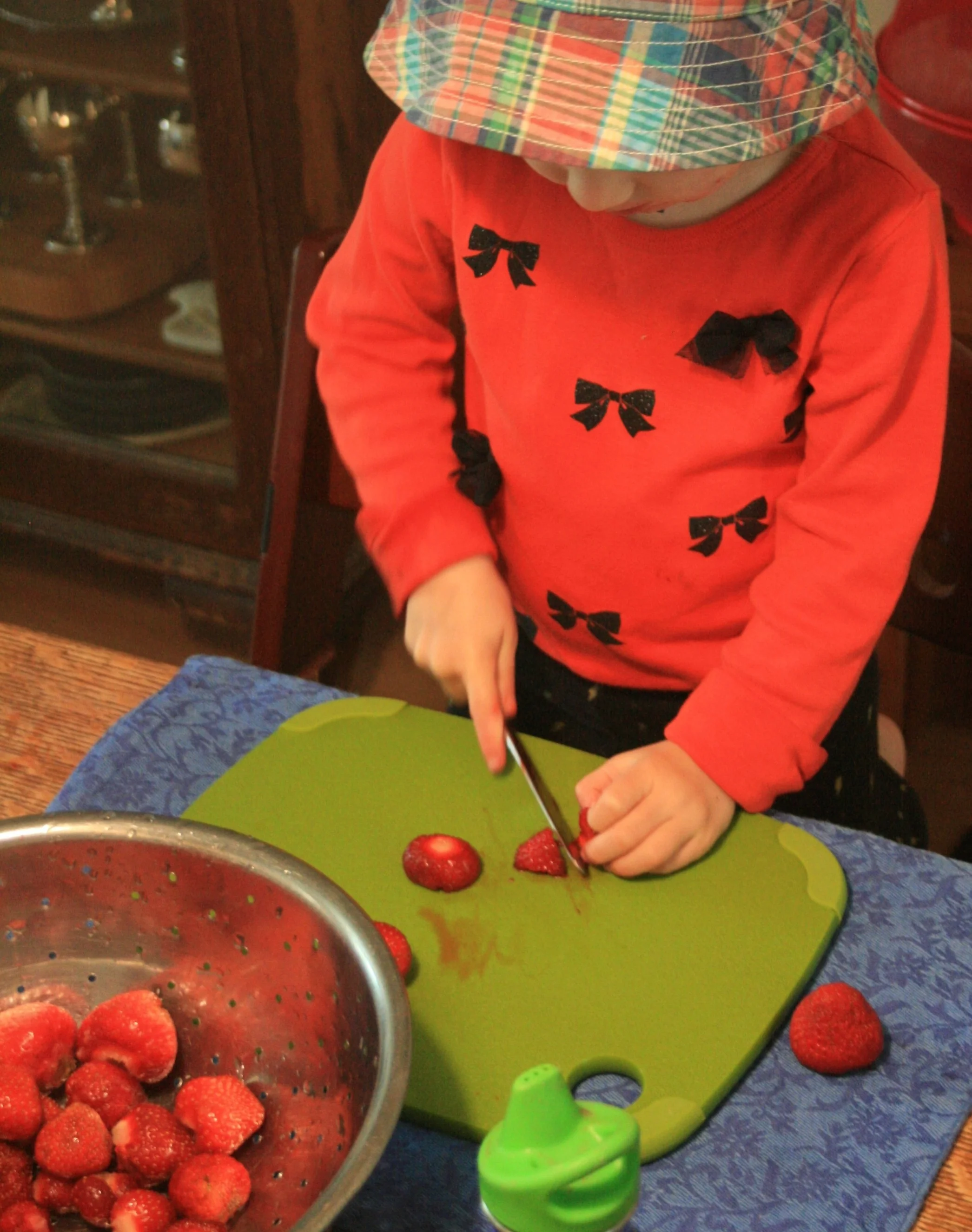 Back inside, there's fruit to be diced.
