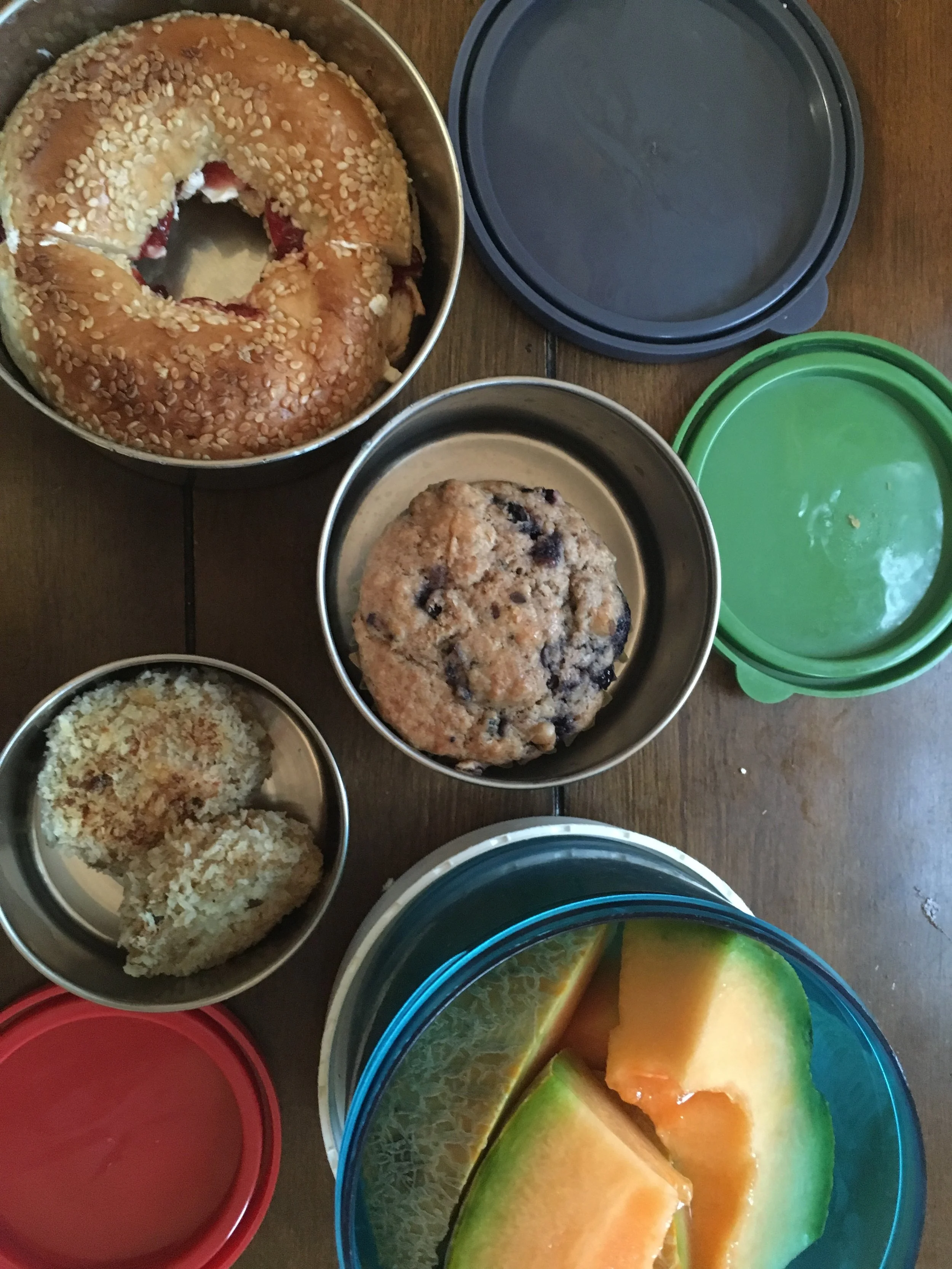 Lunch Day 3. From top: cream cheese and jam on bagel, blueberry flax muffin, quinoa-tuna cakes, and cantaloupe. (I also packed a muffin and cantaloupe for snacks on Days 1 and 2.)
