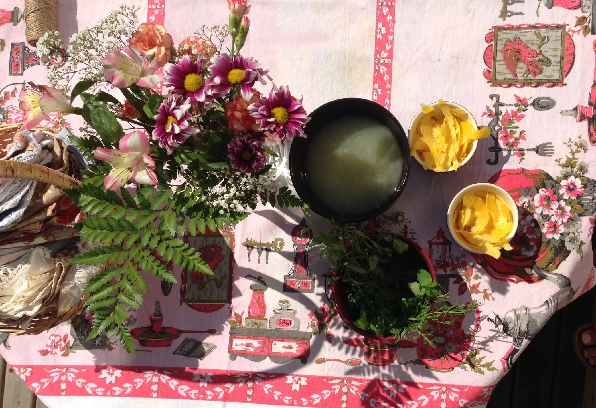 Napkins, flowers, and cocktail ingredients for Cash's 1st Birthday, in the backyard