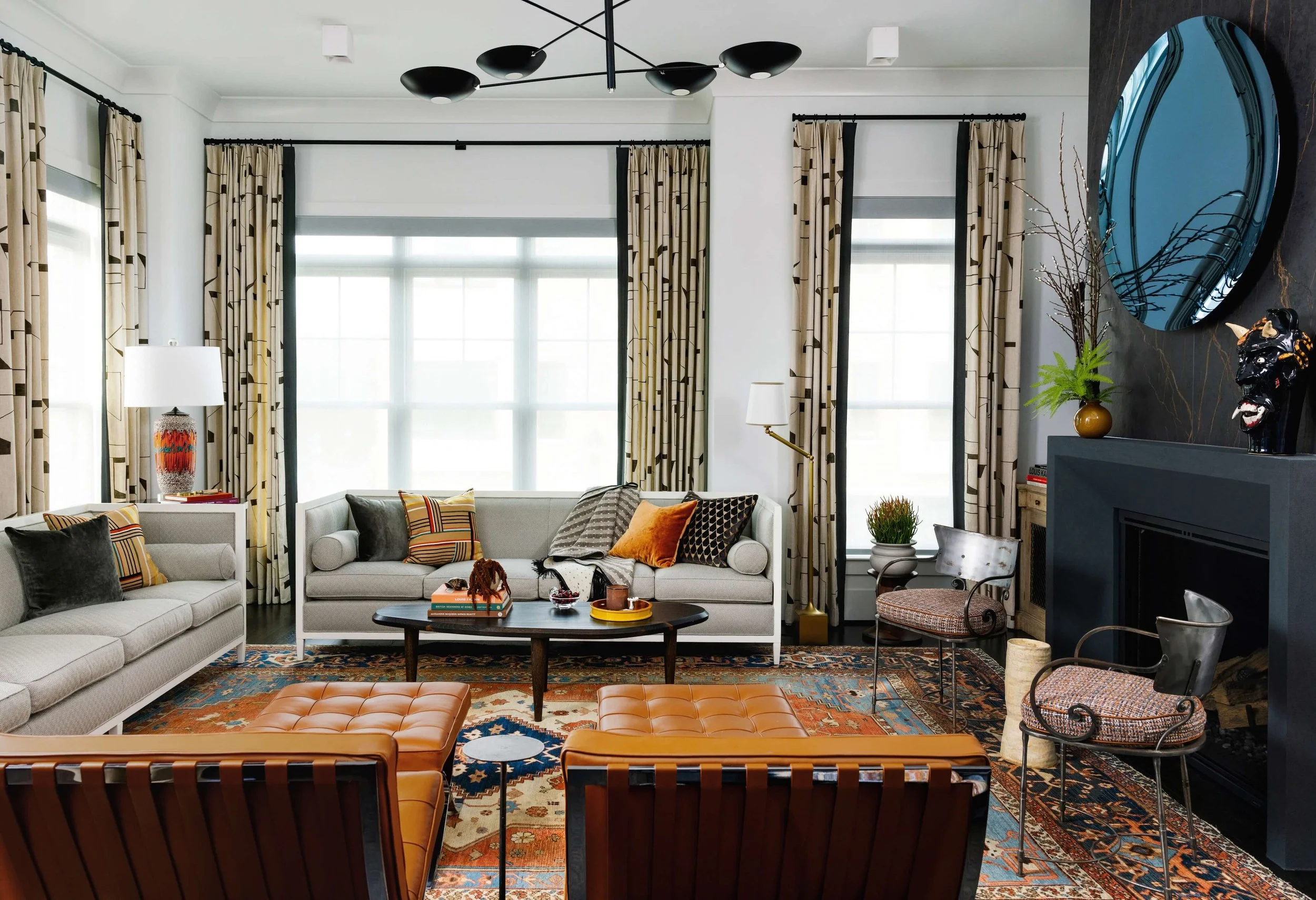 Beautiful warm leather couches and unique interior design style