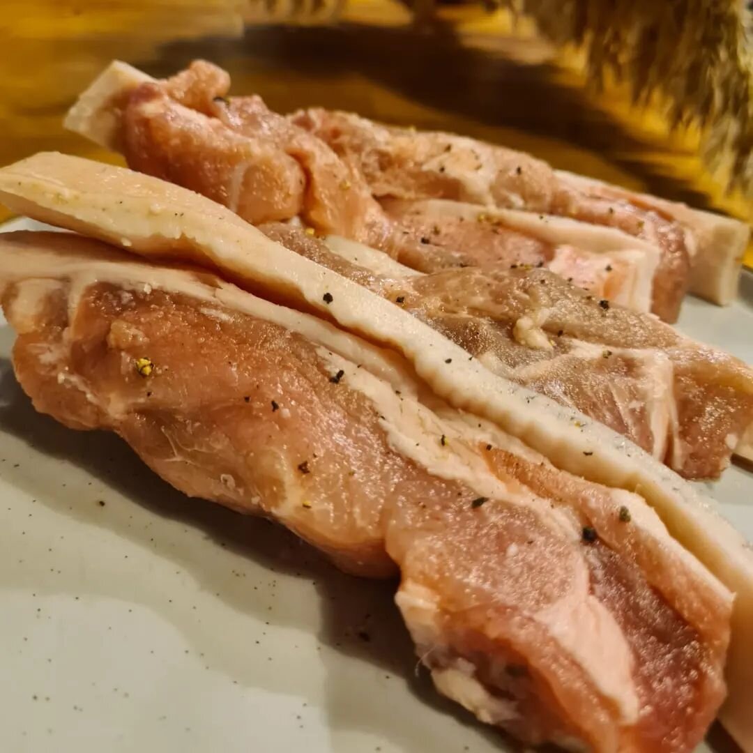 Winter warmer- slow grown pork chops marinated in sage, garlic and lemon. Check our website store for more details. 
All our large black pedigree pigs are outdoor reared. 
We believe in slowly fatten and growing our pork to give our meat a depth of f