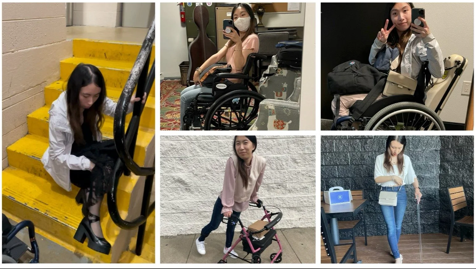 Images include sitting on bright yellow stairs attempting to climb up, mirror selfies in a wheelchair with luggage and bags, using a rollator/walker outdoors, and standing while leaning on a cane.