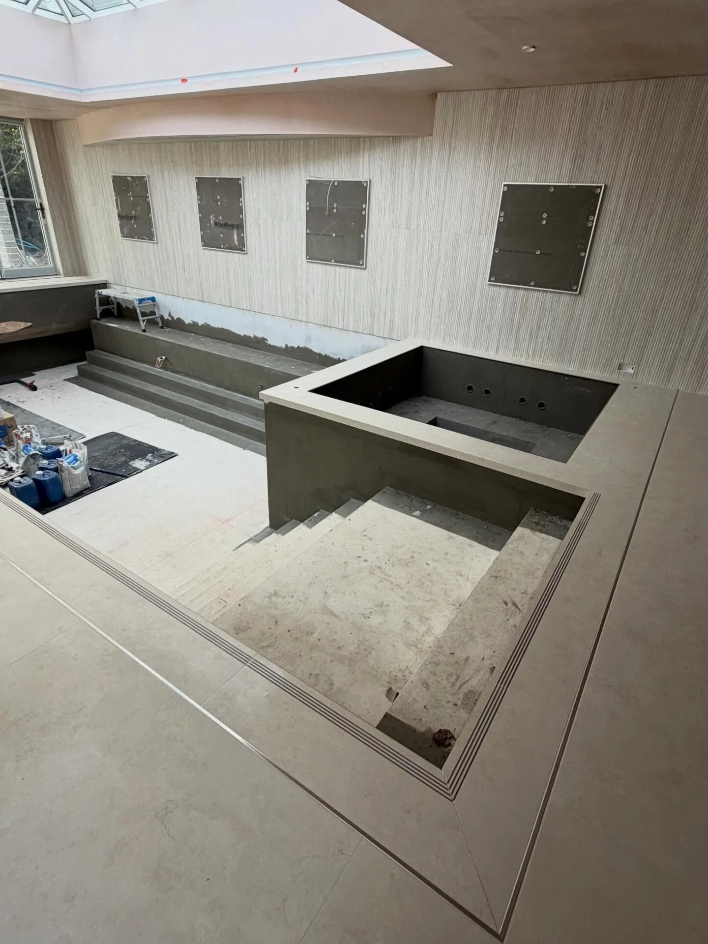 We wrapped up phase 1 of this swimming pool / spa area a few weeks ago with some epoxy grout. Can&rsquo;t wait to see this area finished it&rsquo;s going to be 🔥 . We handed over to the sauna builders so they could install sauna with salt wall and o