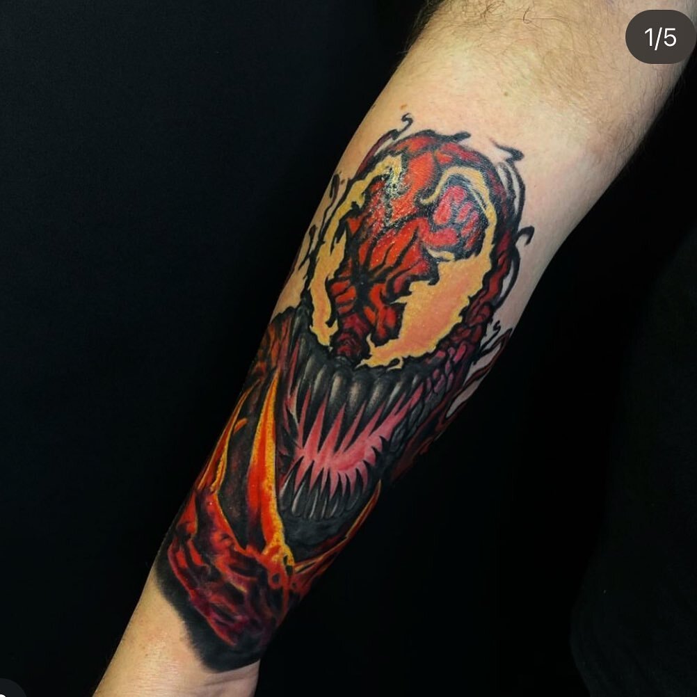 #venom #marvel #carnage done by @neil_tattooer in one session are you cray cray.  Hella tight Dm him or hit us up here in #oakland to get more fun color tattoos from him or any of our other artist.