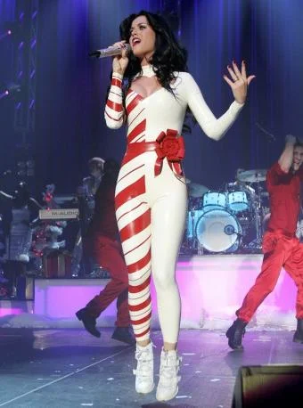Katy Perry christmas candy cane latex catsuit
