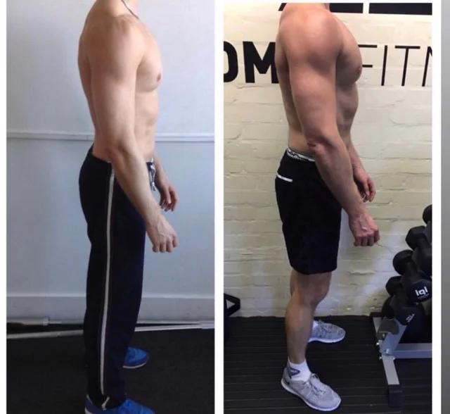 Training once a week in the studio and following a plan where he did 3 of his own sessions a week in the gym was the method behind this muscle gain transformation.