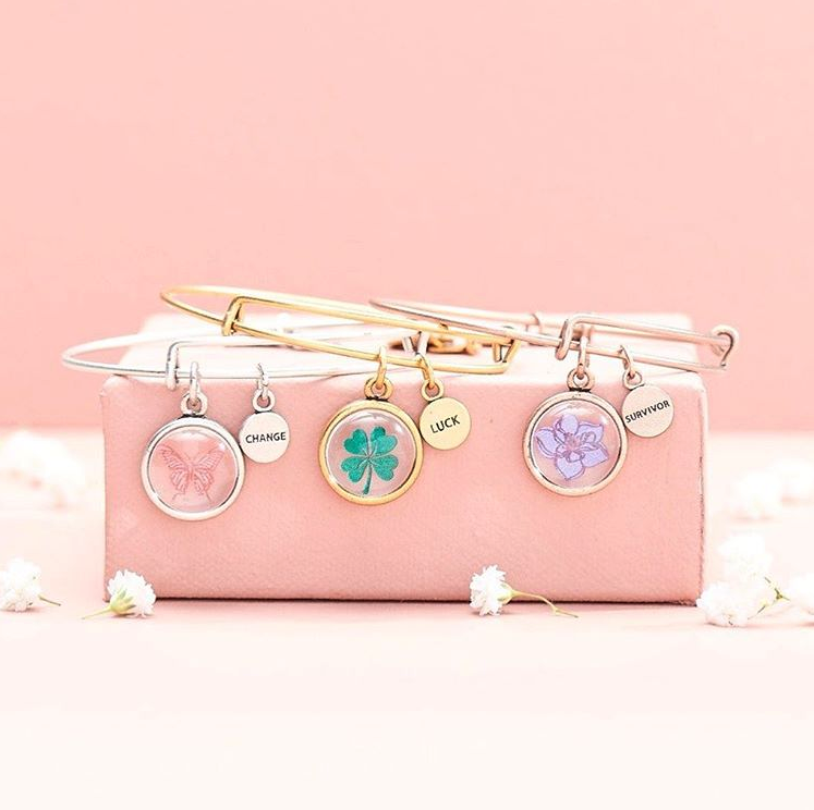  Butterfly And Change Mantra Duo Charm Bangle.  Four Leaf Clover And Luck Mantra Duo Charm Bangle.  Wildflower And Survivor Mantra Duo Charm Bangle. 