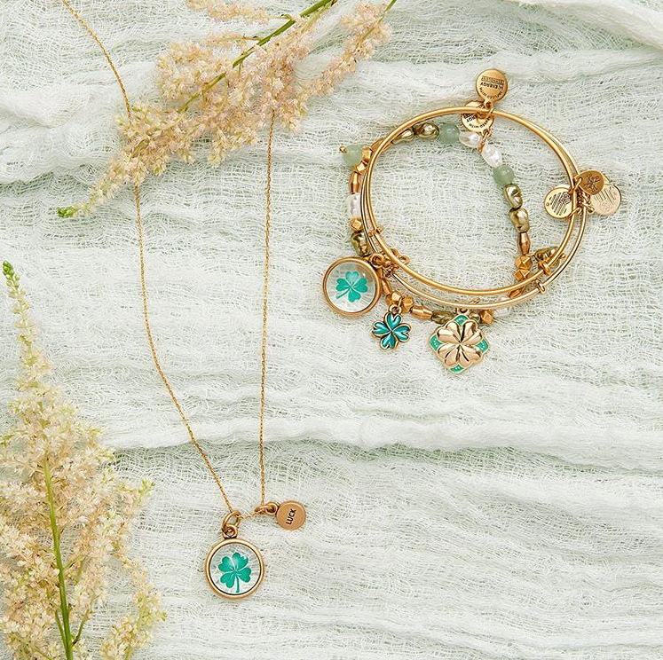  Four Leaf Clover And Luck Mantra Duo Charm Expandable Necklace.  Four Leaf Clover Color Infusion Charm Bangle.  Four Leaf Clover And Luck Mantra Duo Charm Bangle.  Four Leave Clover Beaded Charm Stretch Bracelet. 