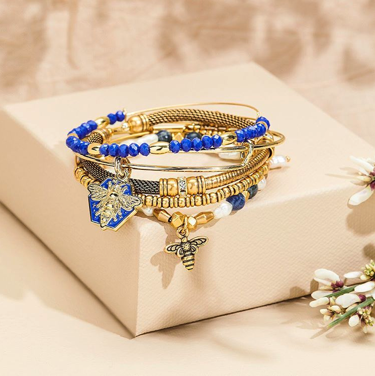  Royal Blue Balance Bead.  Honey Bee Color Infusion Charm Bangle.  Mesh Cuff.  Honey Bee Beaded Charm Stretch Bracelet. 