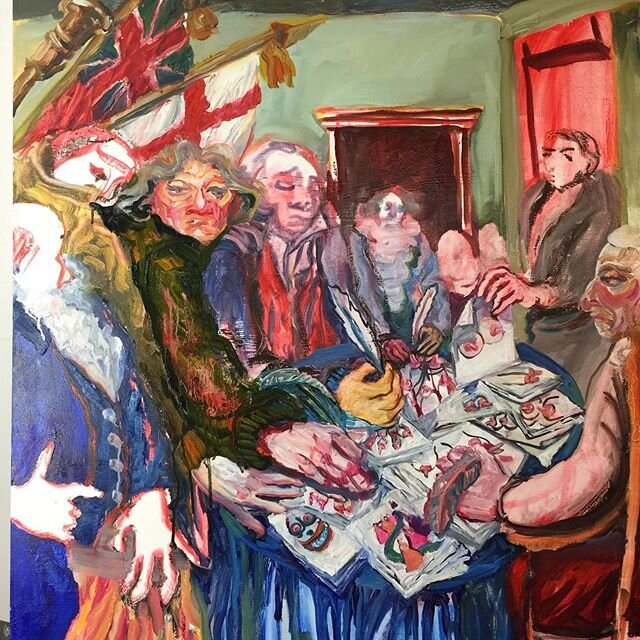 Work in progress- reimagining John Trumbull&rsquo;s painting of the signing of the Declaration of Independence to include more boob drawings by our founding fathers. Again, in progress.