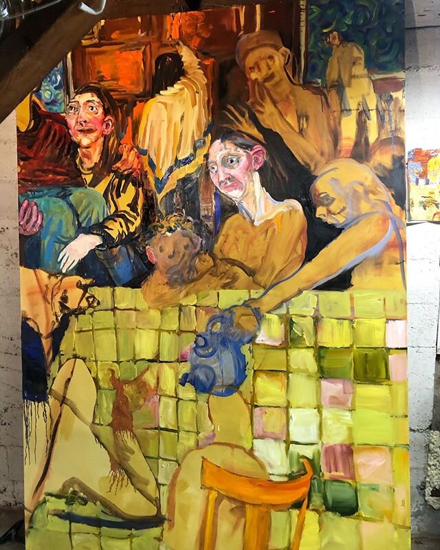 Work in progress- I started this big (5&rsquo;x7&rsquo;) painting in early February and came back to it this week. Back in February, I had some concerns about making such a huge painting of my friends and family at our annual chaotic Passover Seder..