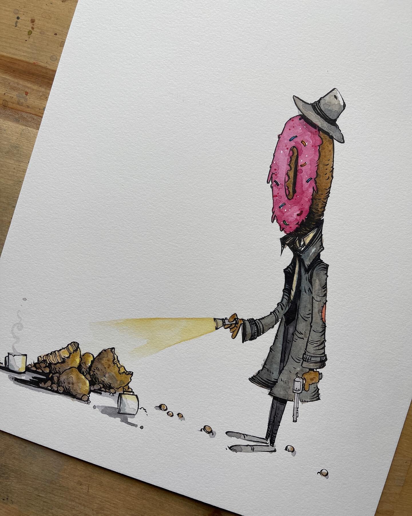 &ldquo;Oh God, the holes.&rdquo; #donutdetective from our #chaoticdrawalong a couple weeks ago.  Guys:  he&rsquo;s a detective AND a donut. #anthonywheelerart #illustration #watercolor #cartoonist #sketch