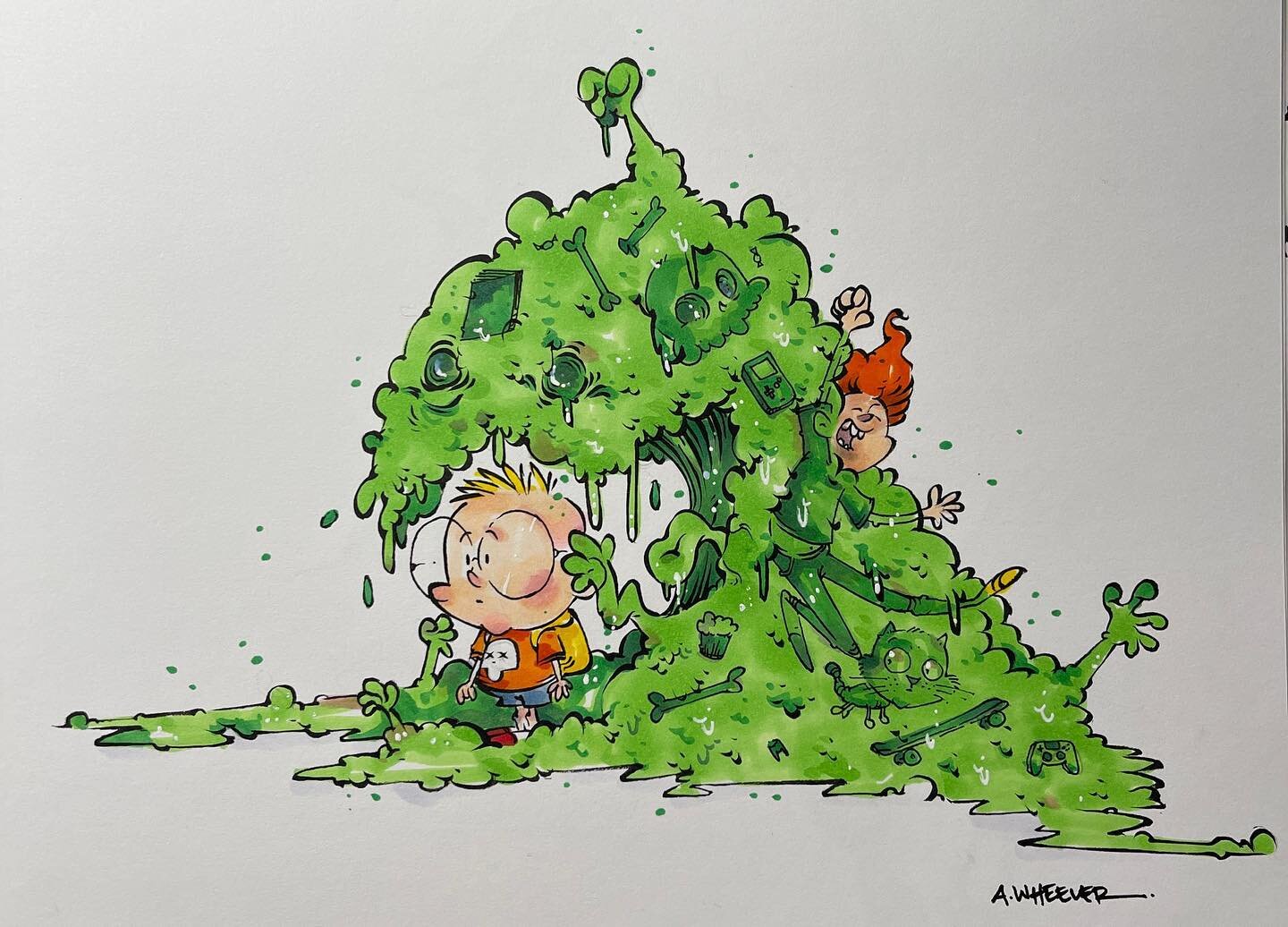 Gil vs Slime.  Allergy season approaches and remember to cover your sneezes or you may unleash a bacteria monster that will destroy an entire city.  #anthonywheelerart #kidlit #childrensbooks #thesuperawesomesketchbook #copic