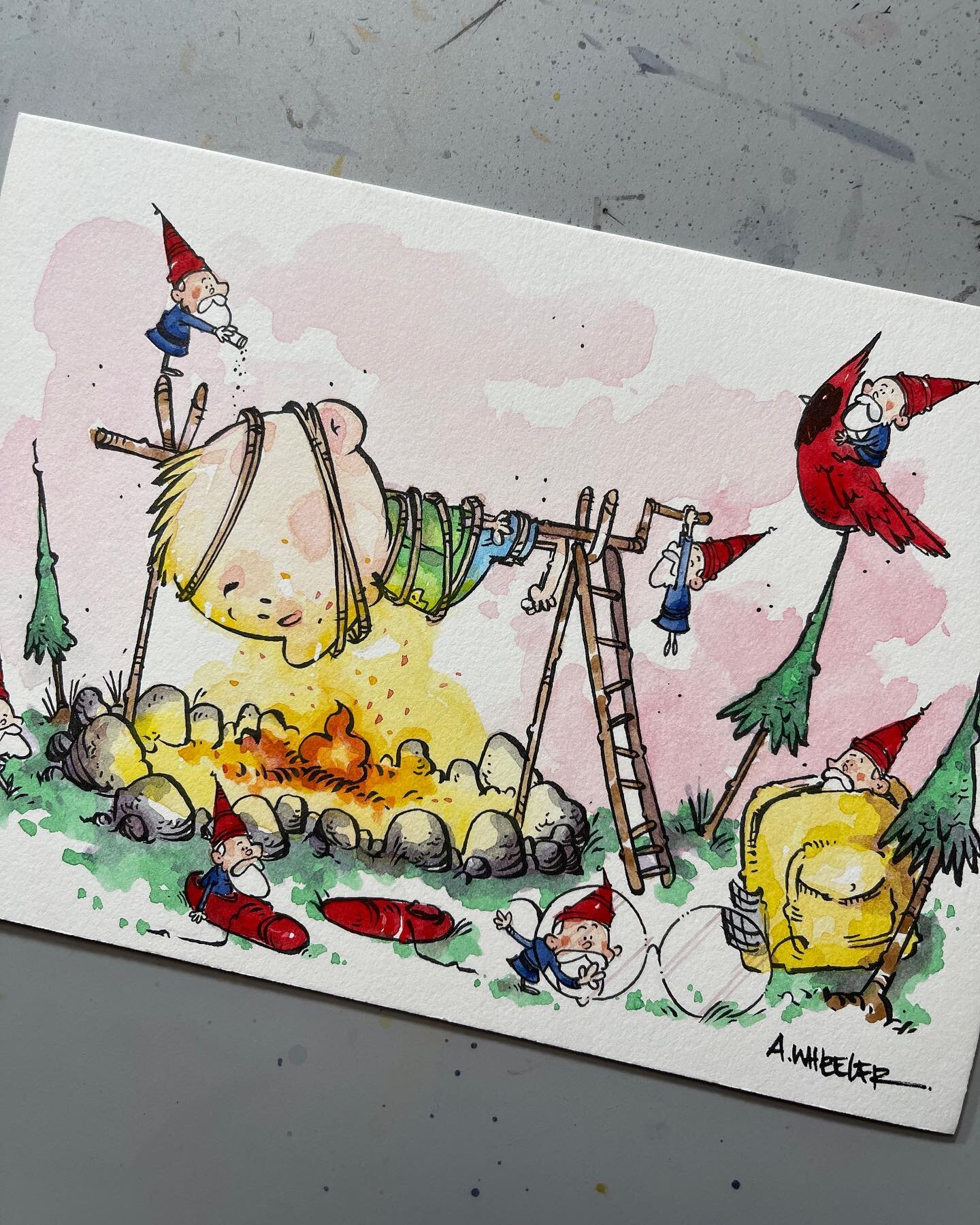 Gil vs. Gnomes. An epic battle years in the making took an immediate and unfortunate twist for Gil who was swiftly captured, tied up and then roasted.  Gnomes win again. (What is it with these f*cking Gnomes??) #anthonywheelerart #watercolor #illustr