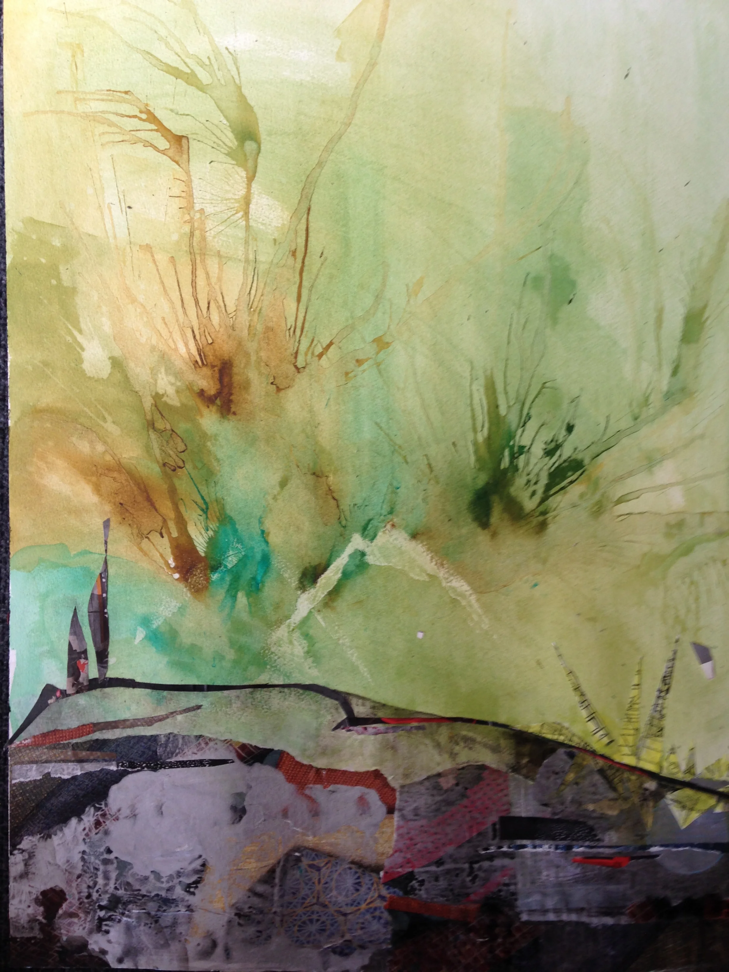 Mixed media collage on watercolor paper, 18" x 24", in progress. 