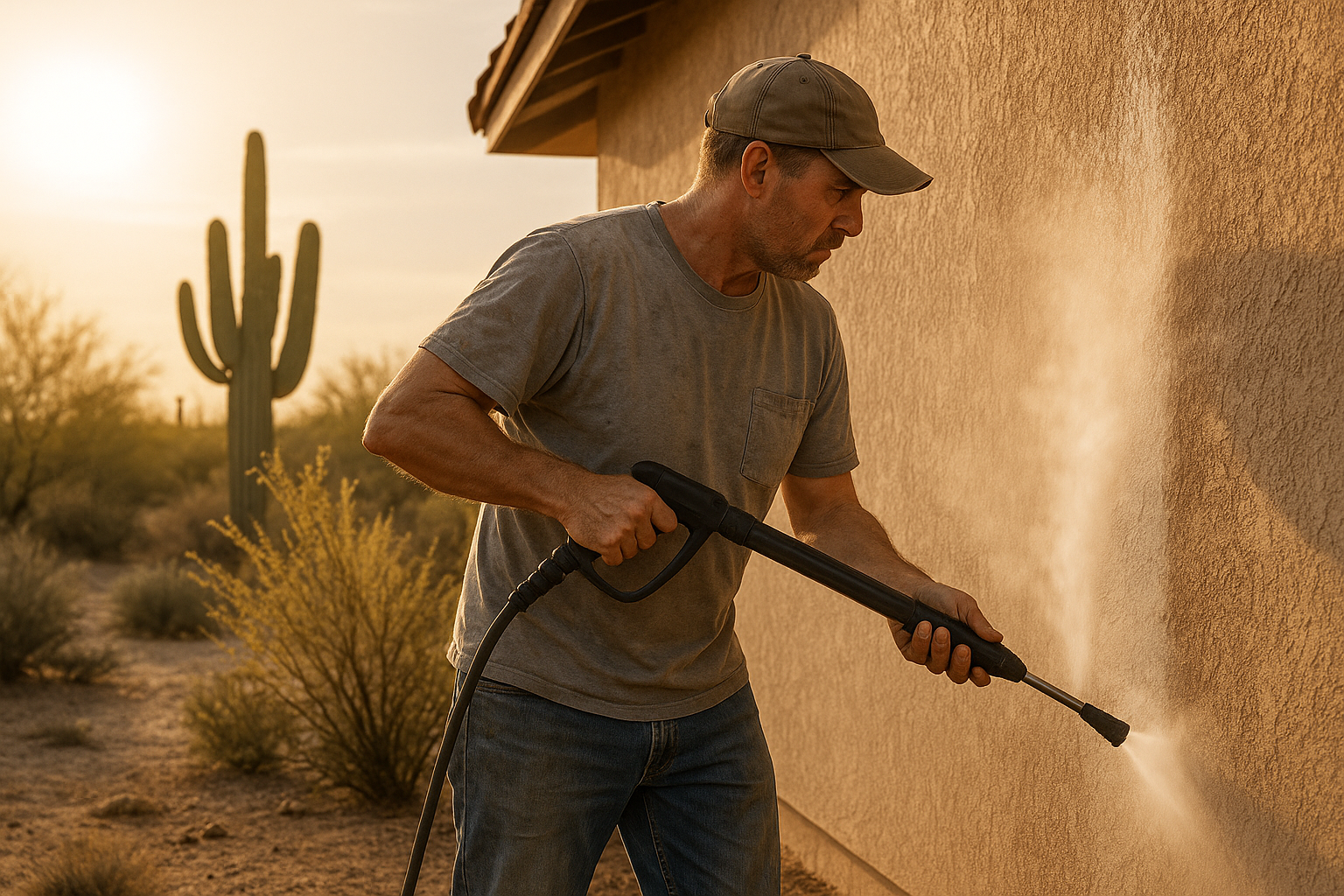 Painter applying UV-resistant paint to a stucco wall in a desert home setting.