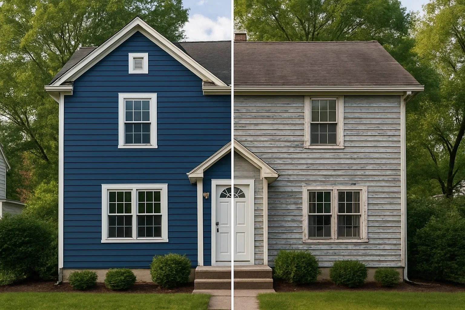 Split view of a suburban home showing fresh exterior paint on one side and faded, peeling paint on the other to illustrate how long exterior paint really lasts