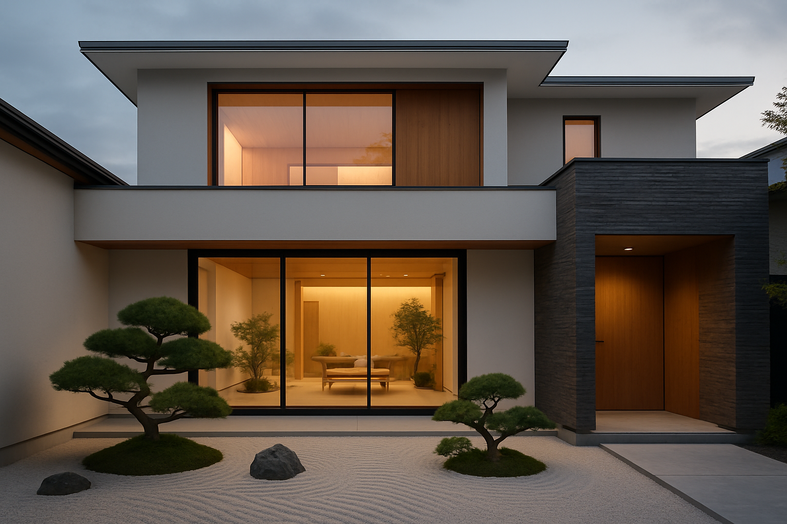 Ultra-realistic Japanese minimalist remodel exterior with Zen garden and wooden details.